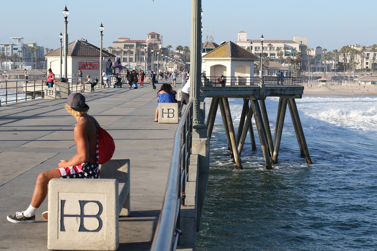 Locals enjoy the scenery and view of Main Street, Huntington Beach